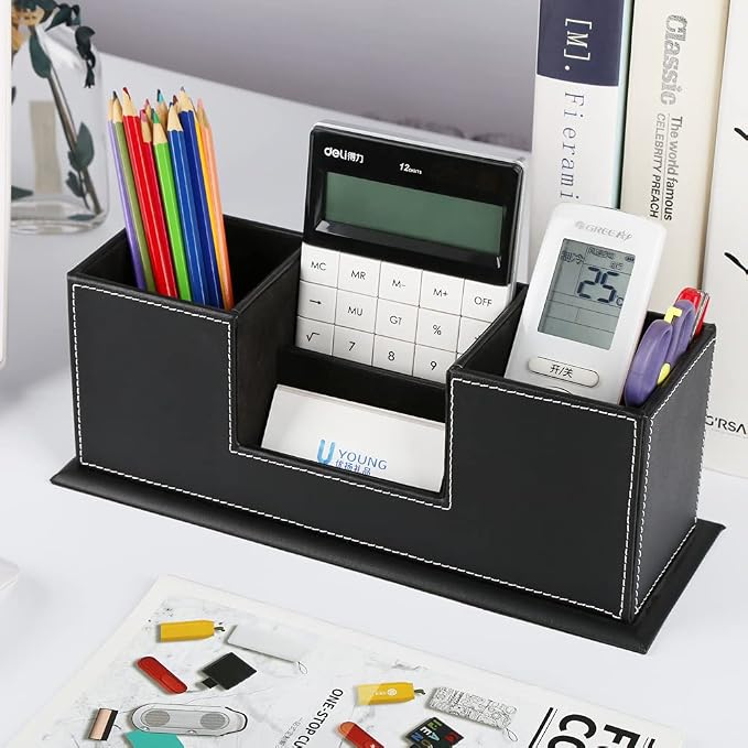 KINGFOM Office Supplies Desk Organizer PU Leather Storage Box 4 Divided - Image 6