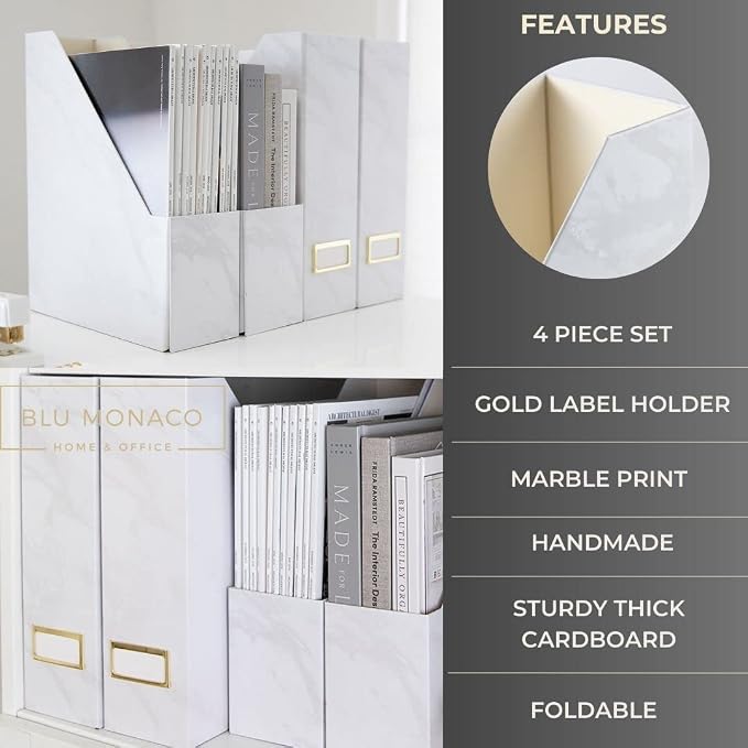 BLU MONACO Set of 4 Magazine Holders | White Marble Design - Image 4