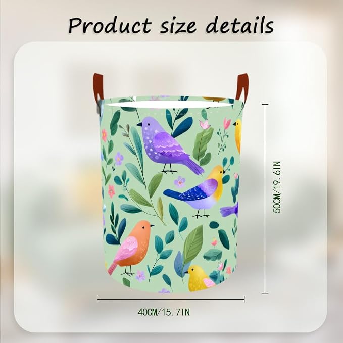 Laundry Baskets 15.7x19.7 Inch Large Colorful Birds Leaves Floral Design - Image 3