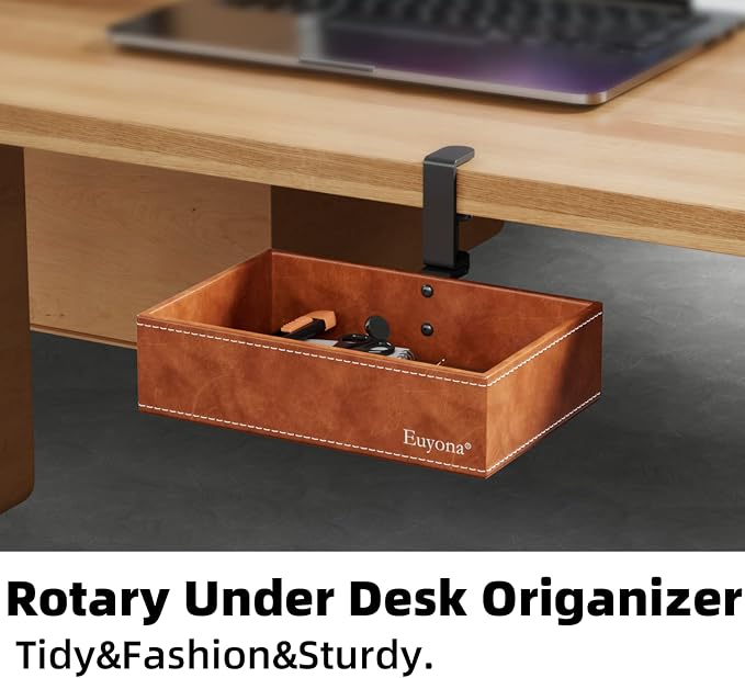 PU Leather Under Desk Drawer Organizer, 360° Rotating Clamp - Image 2