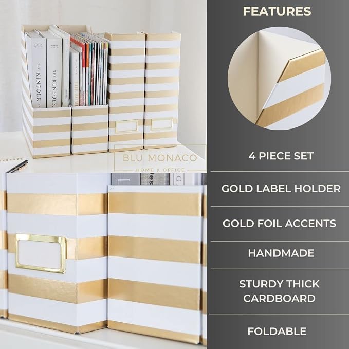 BLU MONACO Set of 4 Gold & White Striped Magazine File Boxes | Foldable - Image 5