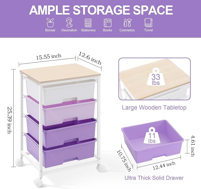 Utility Cart with 4 Drawers, Rolling Storage Cart with Drawers, Storage Rolling - Image 3