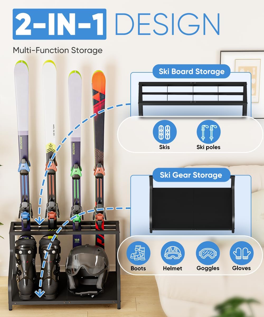 Mondazie Ski Storage Rack for Garage, 4 Pair Black