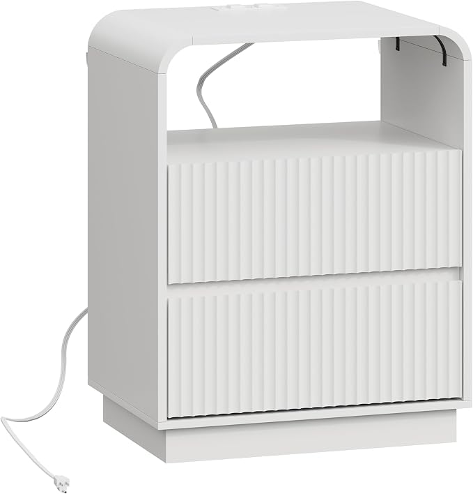 White Nightstand with Charging Station, Mid Century Modern Bedside Table & End - Image 8