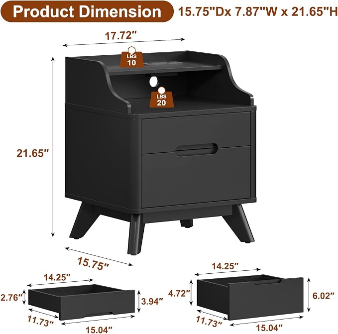 Nightstand with Charging Station, Wood Night Stand with Hidden Handle - Image 2