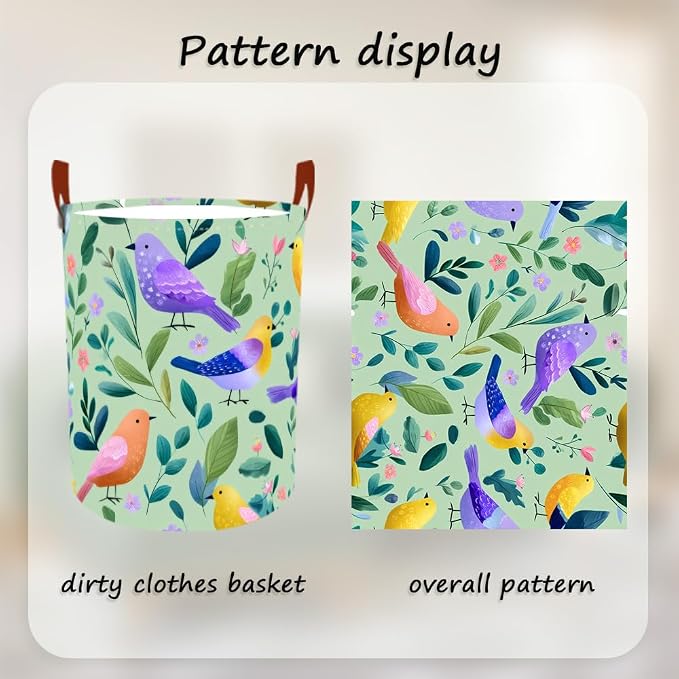 Laundry Baskets 15.7x19.7 Inch Large Colorful Birds Leaves Floral Design - Image 5