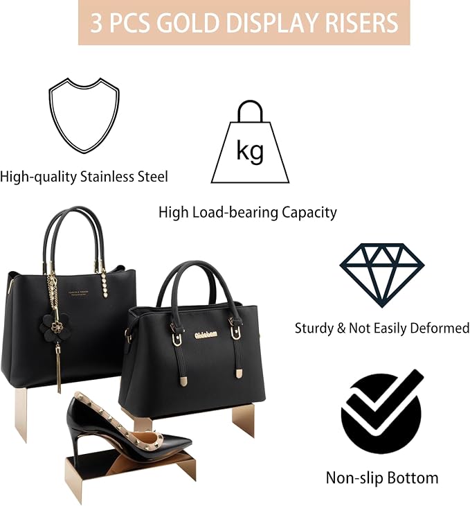 Display Risers Stainless Steel 3PCS Metal Golden Display Riser Stand Shoe Bag - Image 6