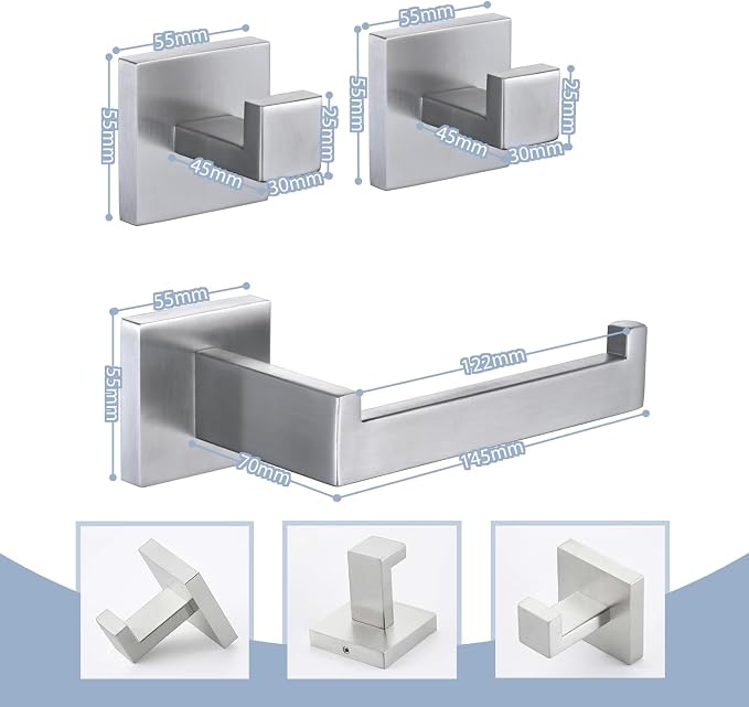 3PCS Bathroom Hardware Set, Brushed Nickel Toilet Paper Holder, 2 Square Towel - Image 2