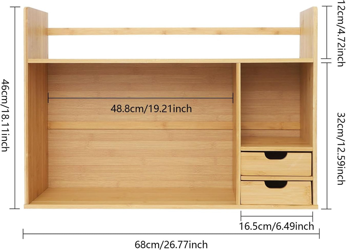 Bamboo Desktop Bookshelf 2-Tier Short Bookshelf with 2 Drawers Desk