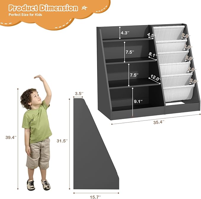 4 Tier Kids Bookshelf Wooden, Five Layer Sling Children Bookcase, Baby Toddler - Image 3
