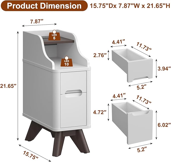 Narrow Nightstand with Drawers, Wood Night Stand with Charger Station, Narrow - Image 2