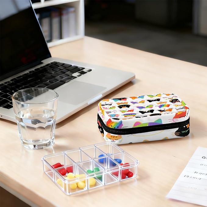 Colorful Hand Drawn Cat Pill Organizer Travel Medicine Case - Image 7