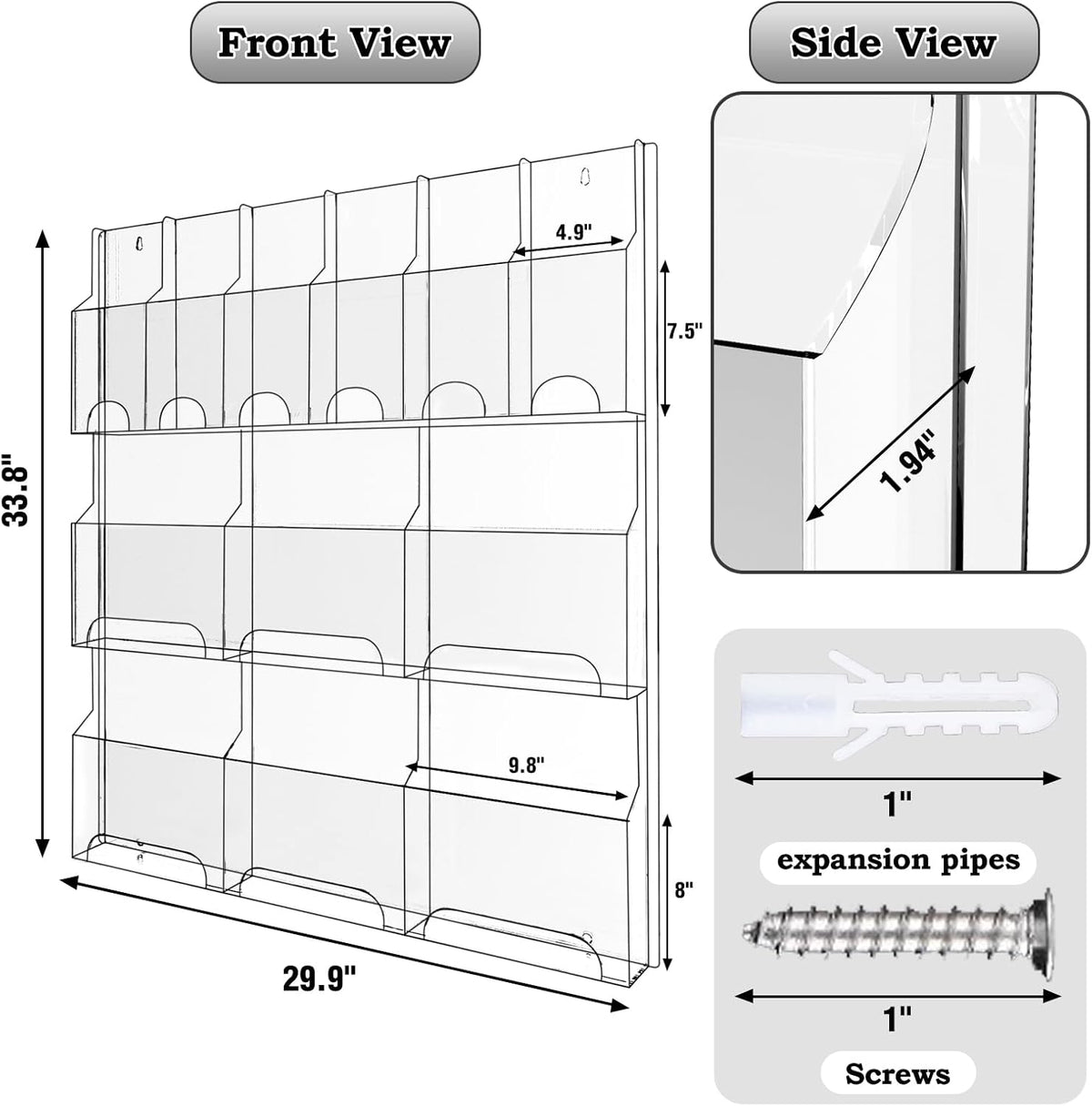Acrylic Brochure Pamphlet Holder, 6 Magazine Holders and 6 Pamphlet