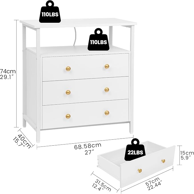 3 Wooden Drawers Night Stand, 27 Inch Wide Nightstand - Image 3