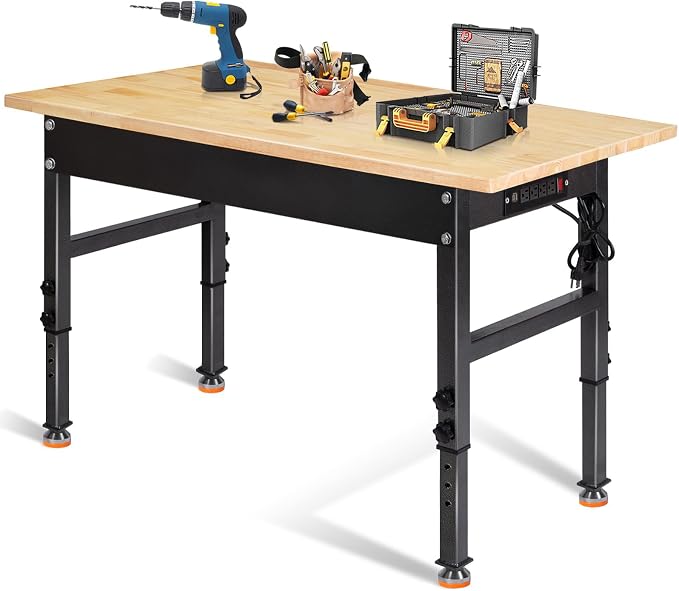 48" Adjustable Work Bench, Rubber Wood Top Workbench Heavy-Duty Work Table by PolarAurora