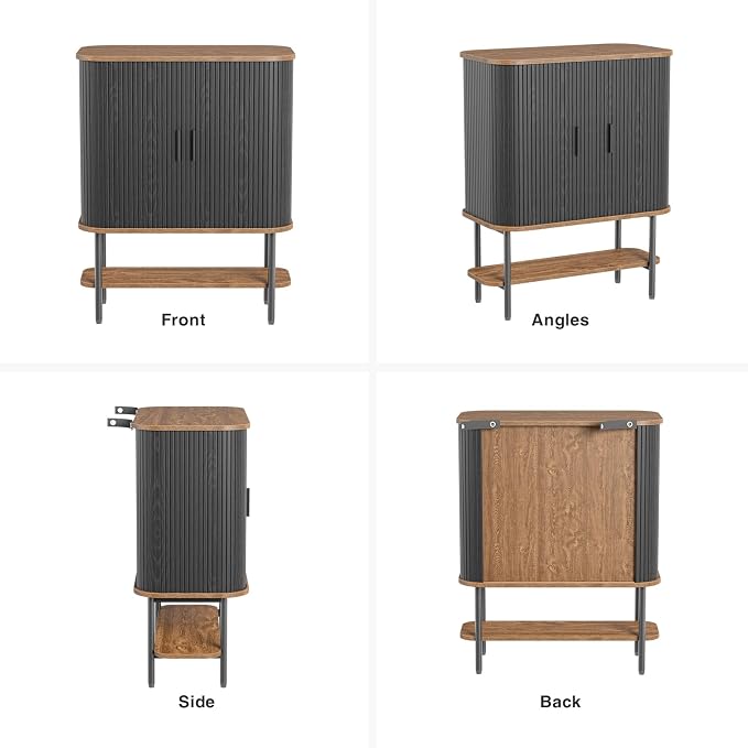 Black Coffee Bar Cabinet with Storage, Fluted Wine Liquor Cabinet with Sliding - Image 9