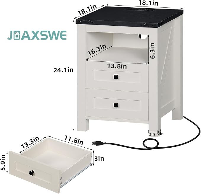 Night Stands with Charging Station Set of 2, Farmhouse Nightstand, Bed Side - Image 3