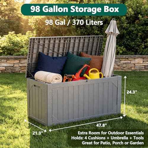 Outdoor Storage Box, 98 Gallon Deck Box, Outdoor Storage Bench, Waterproof Resin Storage Bench with Lockable Lid, Patio Furniture Cushions & Garden Tools Storage, UV Resistant (Gray)