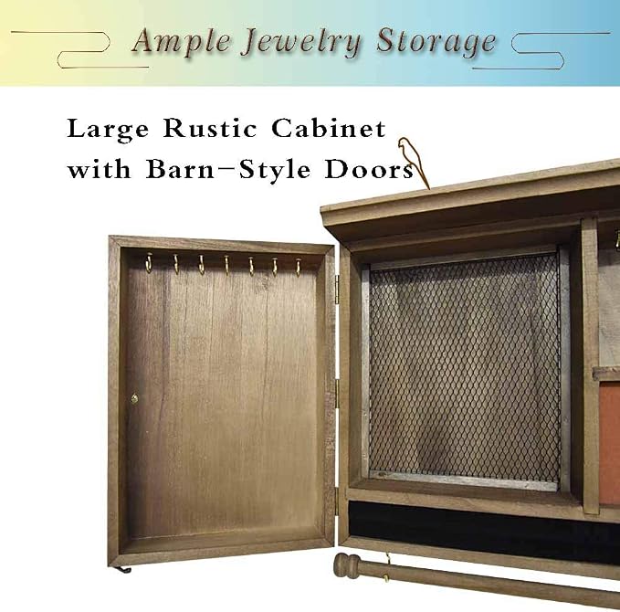 Rustic Wall Mounted Jewelry Organizer, Vintage Wooden Hanging Jewelry Holder Box - Image 6