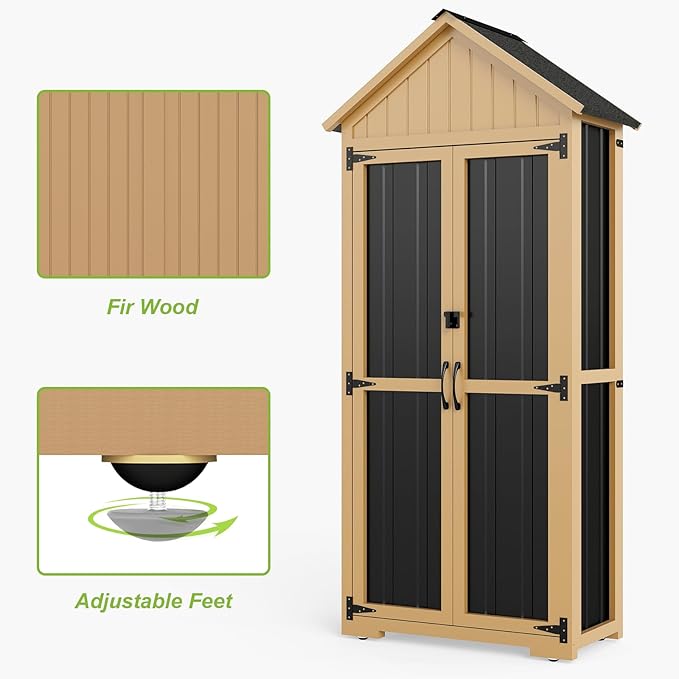Outdoor Storage Cabinet with Shelf, Wood & Metal Storage Shed with Lockable - Image 5
