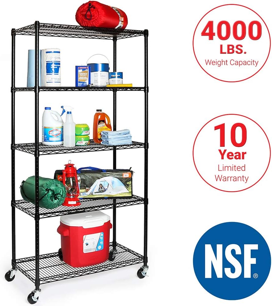 UltraDurable 5-Tier NSF Steel Wire Shelving, 36"W x 18"D x 75"H, Black