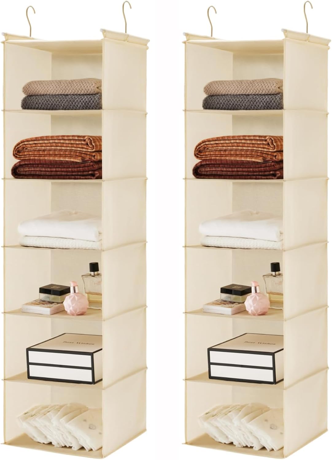 2 Pack 6 Tier Foldable Hanging Closet Organizer, Beige
