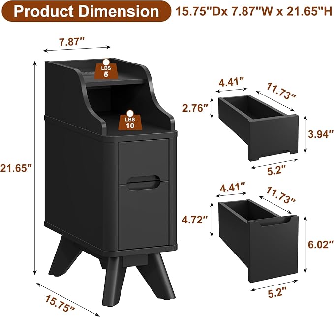 Narrow Nightstand with Drawers, Wood Night Stand with Charger Station, Narrow - Image 2