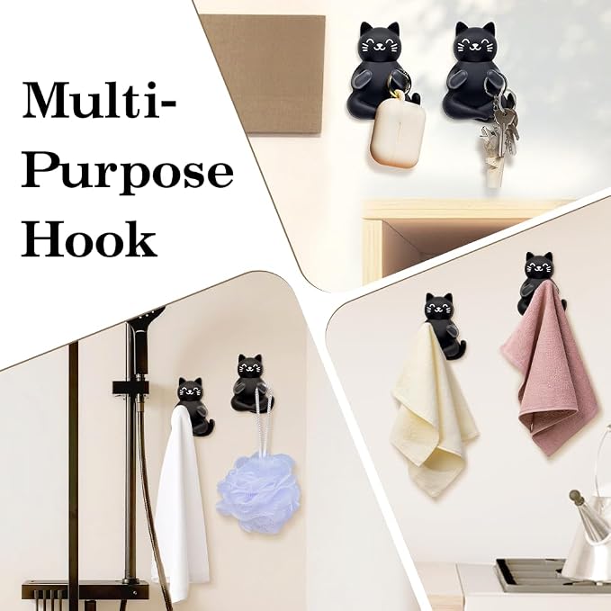 Cute Cat Waterproof Self-Adhesive Shower Hook Set, Funny Black Cat Razor Holder - Image 5