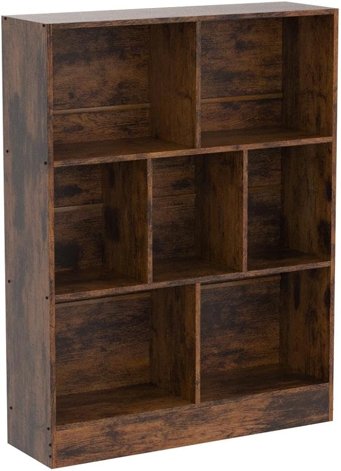 LEYAOYAO 7 Cube Bookshelf with Base, 3 Tier Mid-Century Modern Brown Bookcase - Image 5