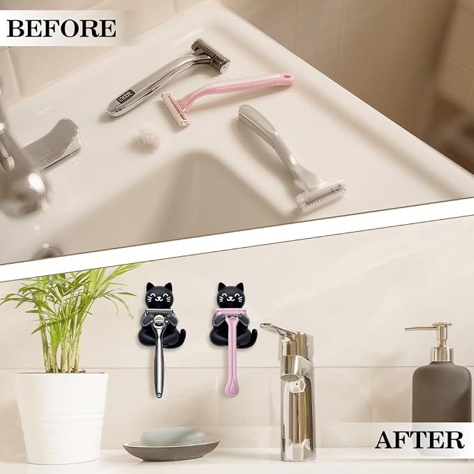 Cute Cat Waterproof Self-Adhesive Shower Hook Set, Funny Black Cat Razor Holder - Image 6