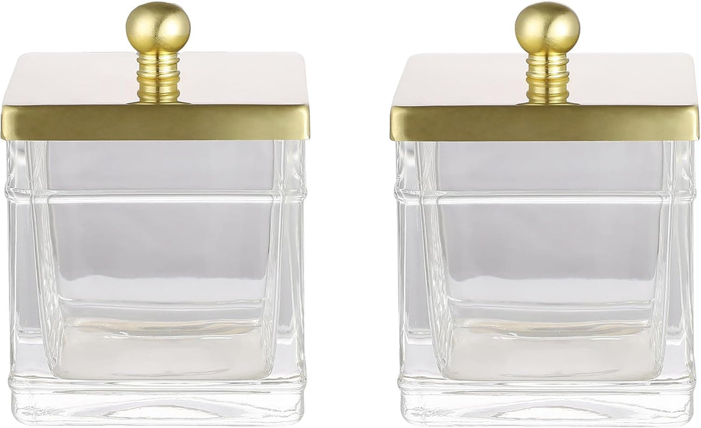 Glass Cotton Jar Holder 2 Pack– Brushed Gold Lid, Elegant Bathroom