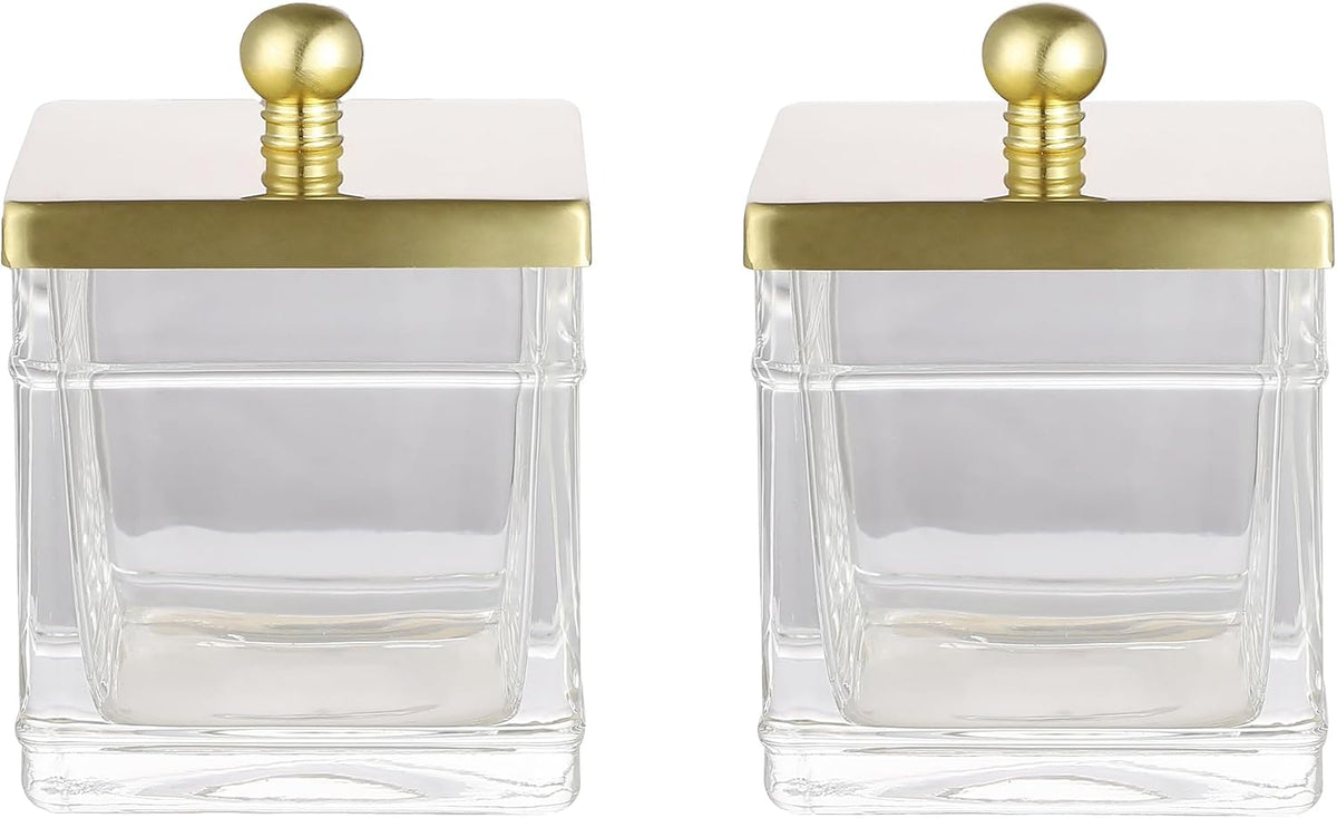 Glass Cotton Jar Holder 2 Pack– Brushed Gold Lid, Elegant Bathroom