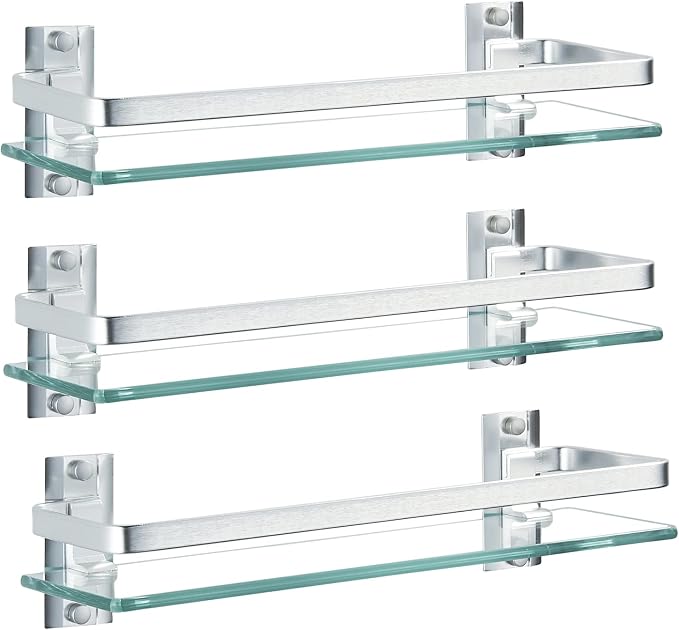 AIJALY 3 Pack Bathroom Glass Shelf, Aluminum Tempered Glass 0.34in Extra Thick by AIJALY