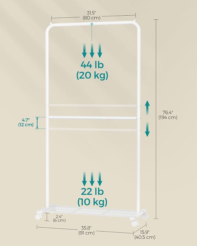 SONGMICS Clothes Rack with Wheels, Double-Rod Clothing Rack - Image 7