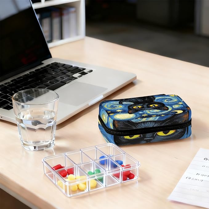 Black Cat Starry Night Pill Organizer Travel Medicine Case - Image 7