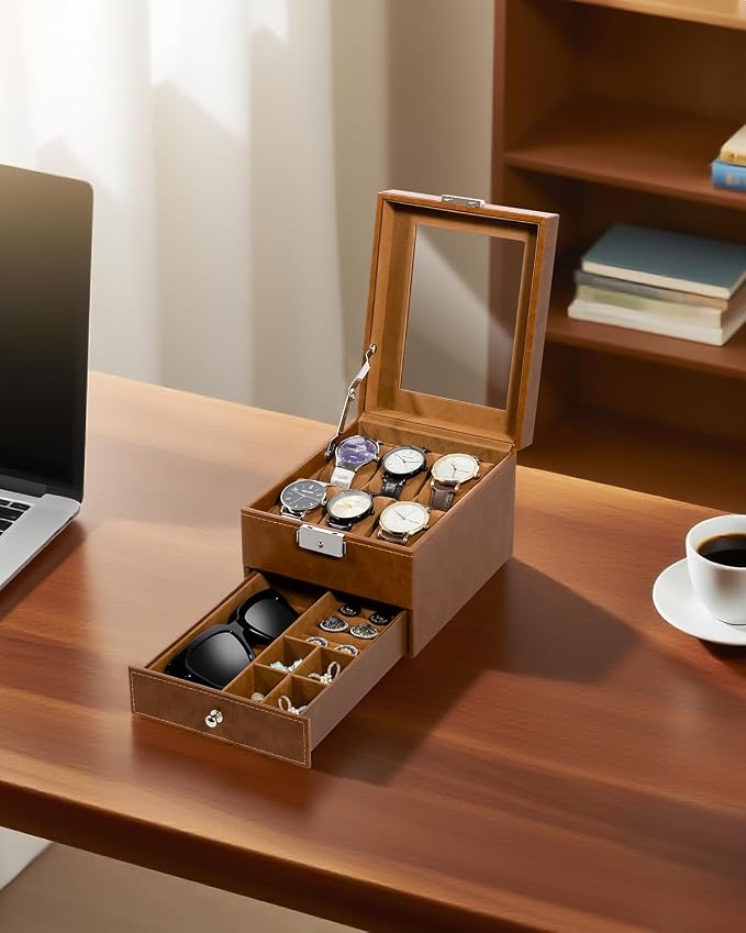 Uten 6-Slot Watch Box, 2-Layers PU Leather Watch Case - Image 8