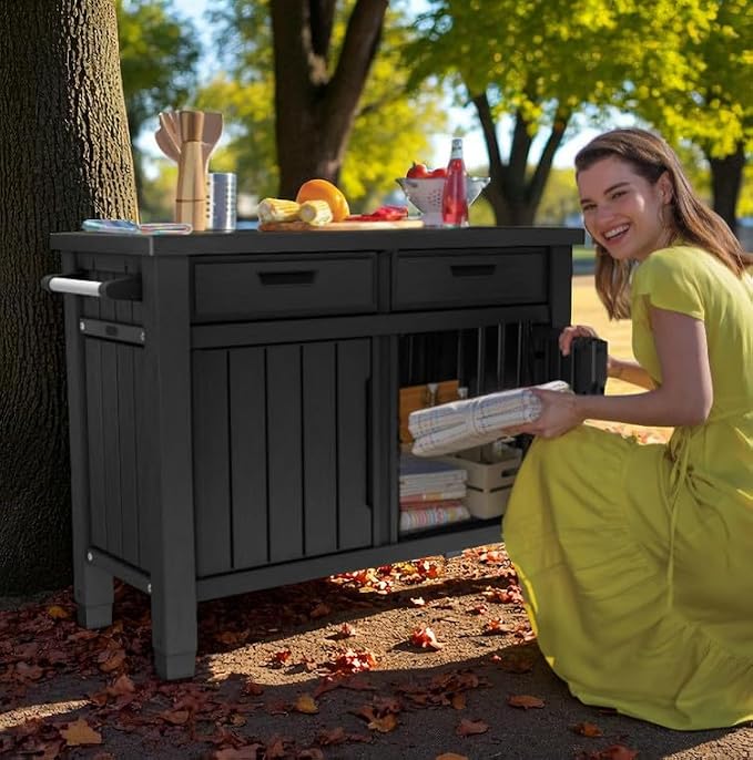 Outdoor Storage Cabinet with Drawers, Entertainment Buffet Table, Graphite Gray - Image 6