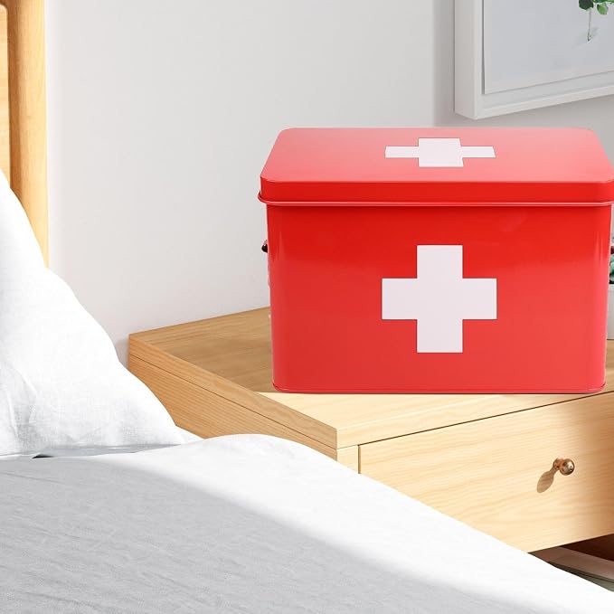 Flexzion First Aid Box Organizer Empty 13" Red Vintage First Aid Kit Tin Metal - Image 6