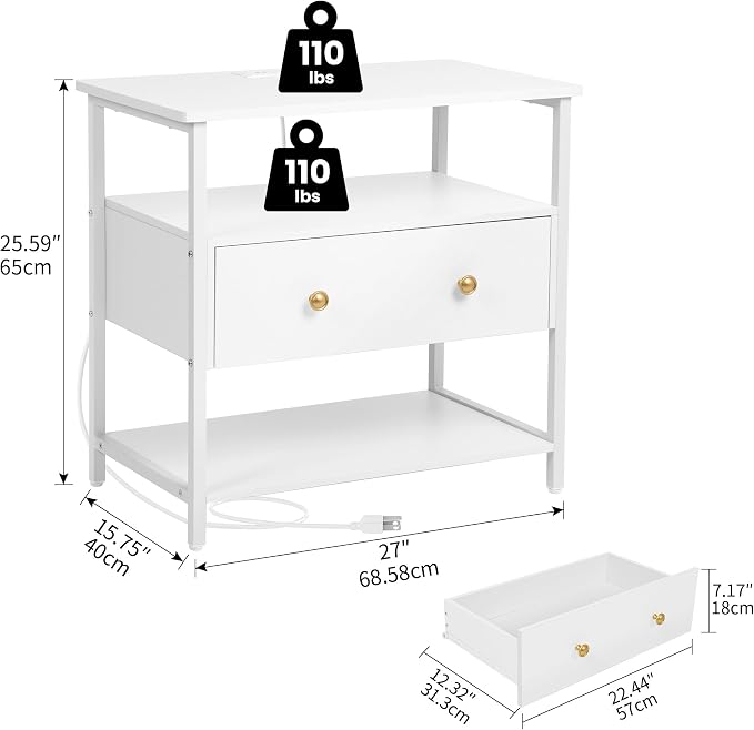 27 Inch Wide Night Stand with Charging Station, Wood Nightstand with Open Shelf - Image 3