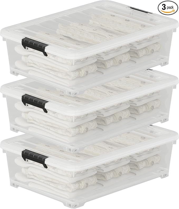 52 Quart Large Plastic Underbed Latching Storage Box, 3 Packs by Ponpong
