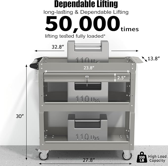 3-Tier Rolling Tool Cart, Metal Heavy Duty Utility Cart on Wheels - Image 3