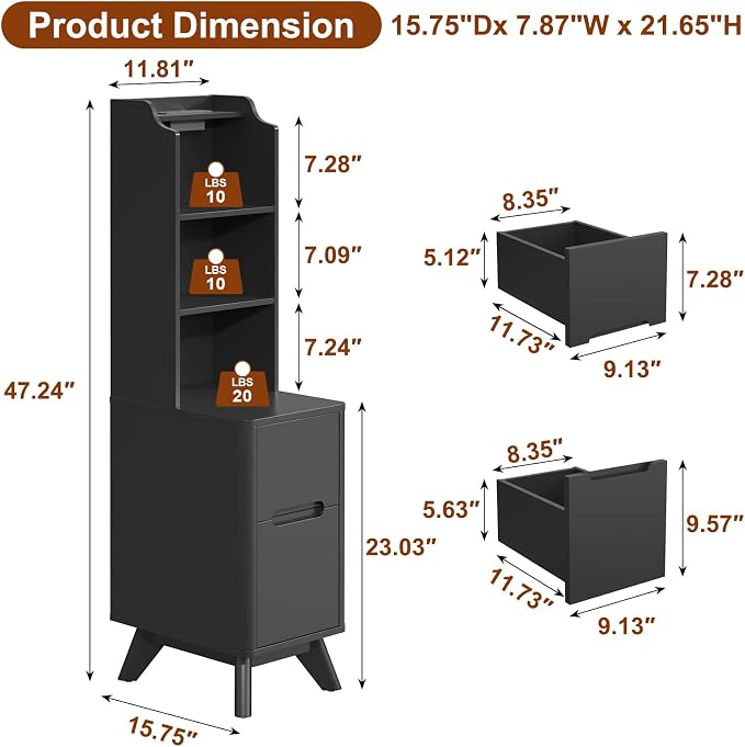 Tall Nightstand with Charging Station, Narrow Side Table with Bookshelf - Image 2