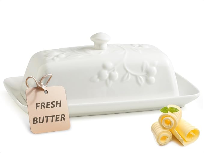 Butter Dish with Lid for Countertop, Ceramic Butter Dish with Knob Handle by YHOSSEUN