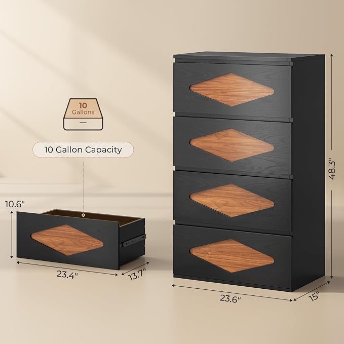 48.3'' Tall Dresser for Bedroom, 4 Chest of Wooden Deep Drawers, Vintage Dresser - Image 2