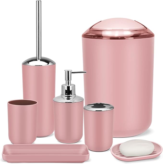 7 Piece Pink Bathroom Set, Soap Dispenser, Toilet Brush, Trash Can & Décor Tray by IMAVO