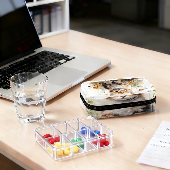 Watercolor Lovely Cat Flower Pill Organizer Travel Medicine Case - Image 7