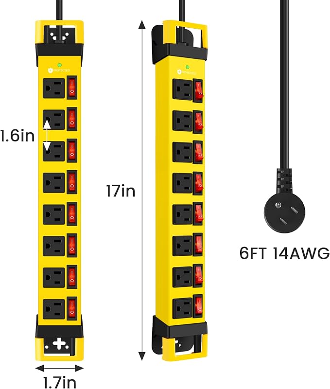 Heavy Duty Power Strip with Individual Switches, 8 Outlets 14 Gauge Industrial - Image 7