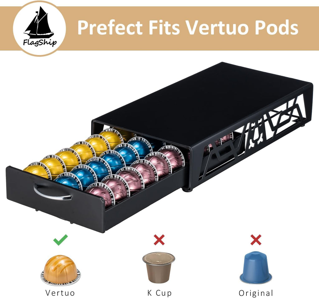 FlagShip Vertuo Pod Drawer Modern Black Metal Coffee Capsule Organizer
