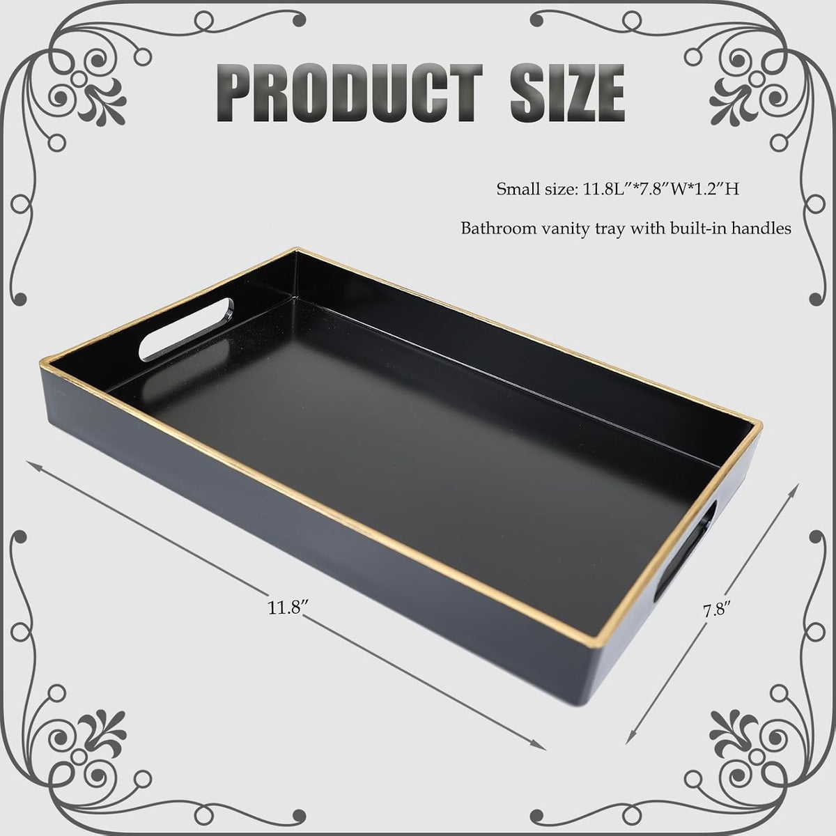 Spsyrine Black Bathroom Vanity Tray with Handles for Dresser Tops