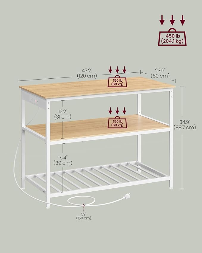 VASAGLE Kitchen Island with 3 Shelves, Kitchen Shelf with Power Strip, 23.6 x - Image 3